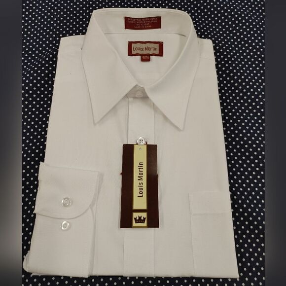 LOUIS MARTIN MEN'S WHITE REGULAR  FIT POLY/COTTON POINT COLLAR DRESS SHIRT. - Picture 1 of 4